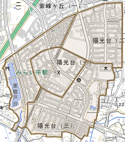 陽光台とその周辺の地図。町の範囲を重ねている