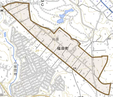 福田町とその周辺の地図。町の範囲を重ねている
