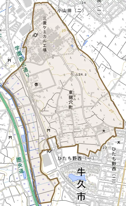 東猯穴町とその周辺の地図。町の範囲を重ねている