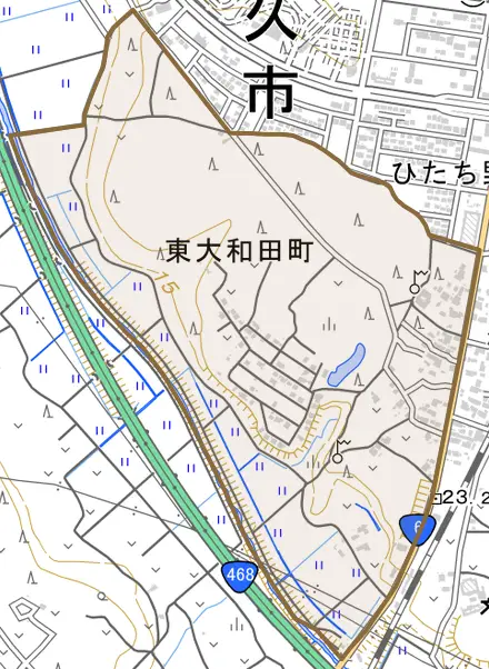 東大和田町とその周辺の地図。町の範囲を重ねている