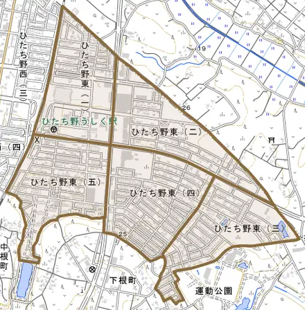 ひたち野東とその周辺の地図。町の範囲を重ねている