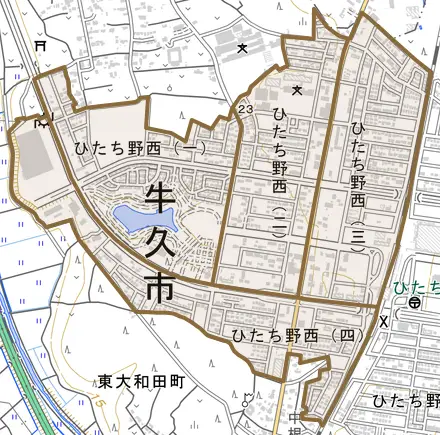 ひたち野西とその周辺の地図。町の範囲を重ねている
