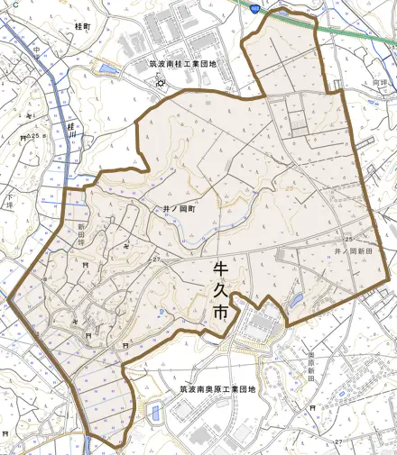 井ノ岡町とその周辺の地図。町の範囲を重ねている