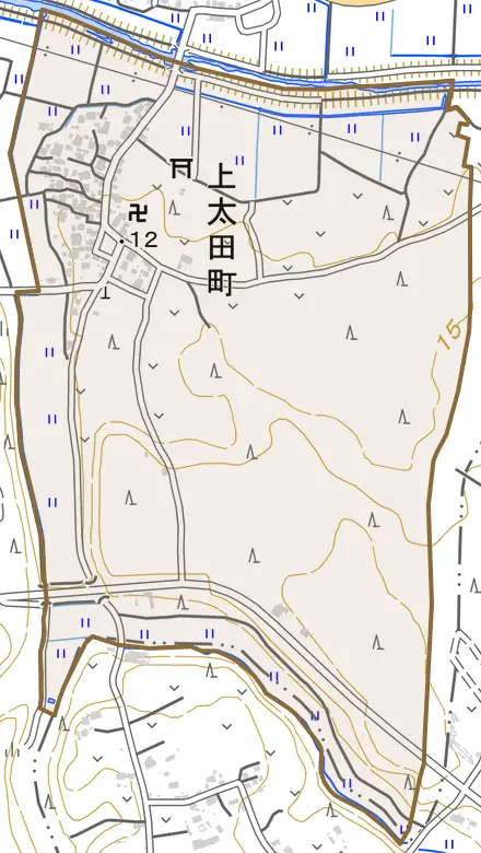 上太田町とその周辺の地図。町の範囲を重ねている