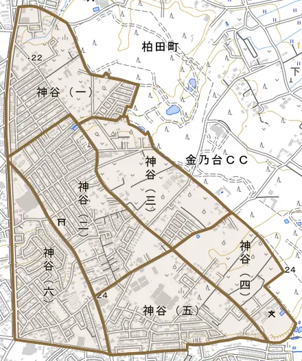 神谷とその周辺の地図。町の範囲を重ねている