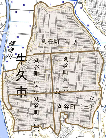 刈谷町とその周辺の地図。町の範囲を重ねている