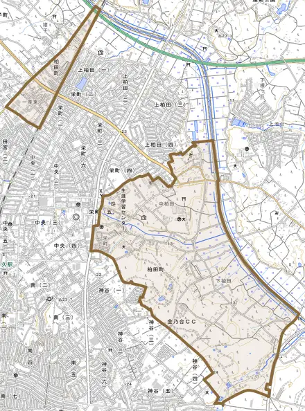 柏田町とその周辺の地図。町の範囲を重ねている