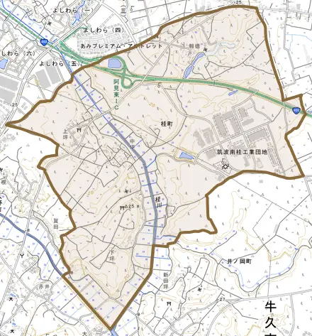 桂町とその周辺の地図。町の範囲を重ねている