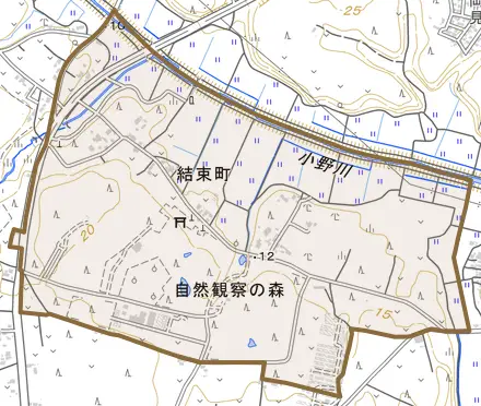 結束町とその周辺の地図。町の範囲を重ねている