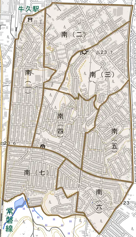 南とその周辺の地図。町の範囲を重ねている