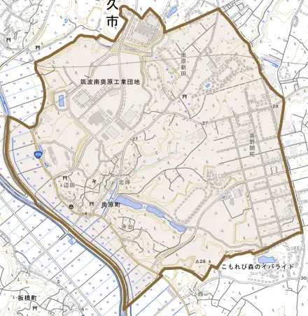 奥原町とその周辺の地図。町の範囲を重ねている