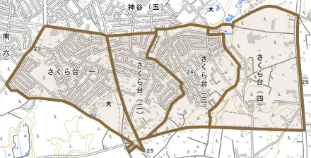さくら台とその周辺の地図。町の範囲を重ねている