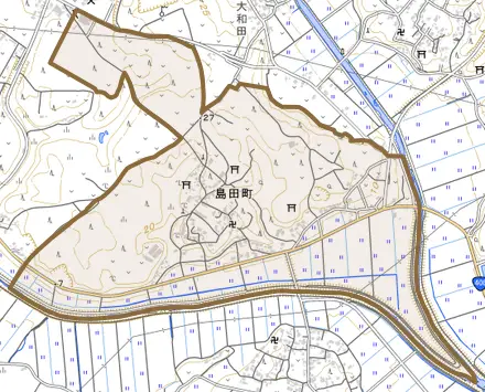 島田町とその周辺の地図。町の範囲を重ねている