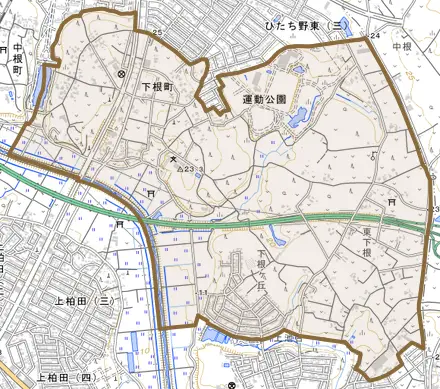 下根町とその周辺の地図。町の範囲を重ねている