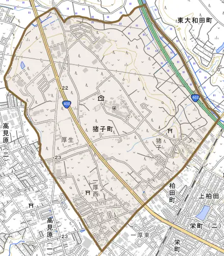 猪子町とその周辺の地図。町の範囲を重ねている