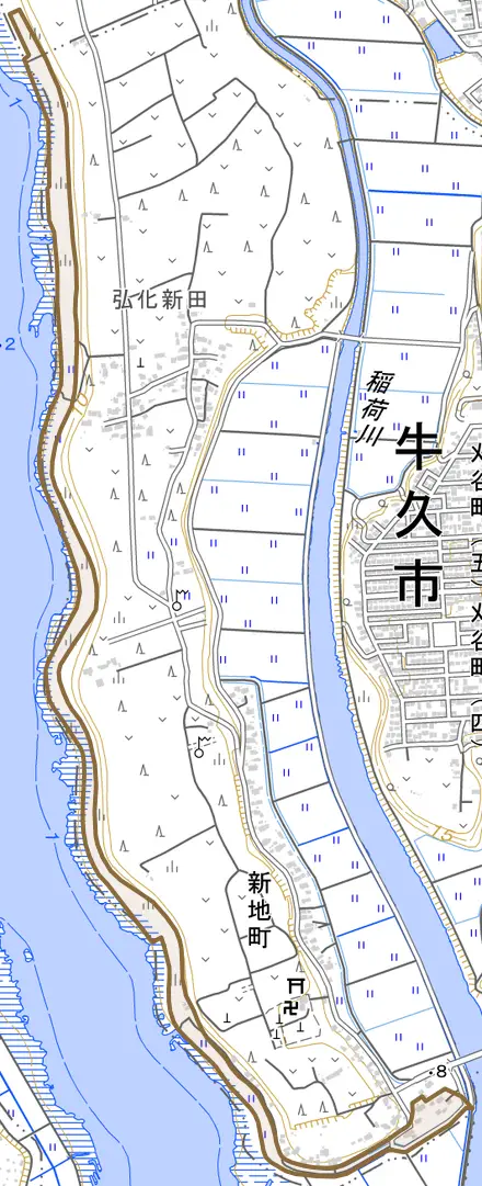 庄兵衛新田町とその周辺の地図。町の範囲を重ねている