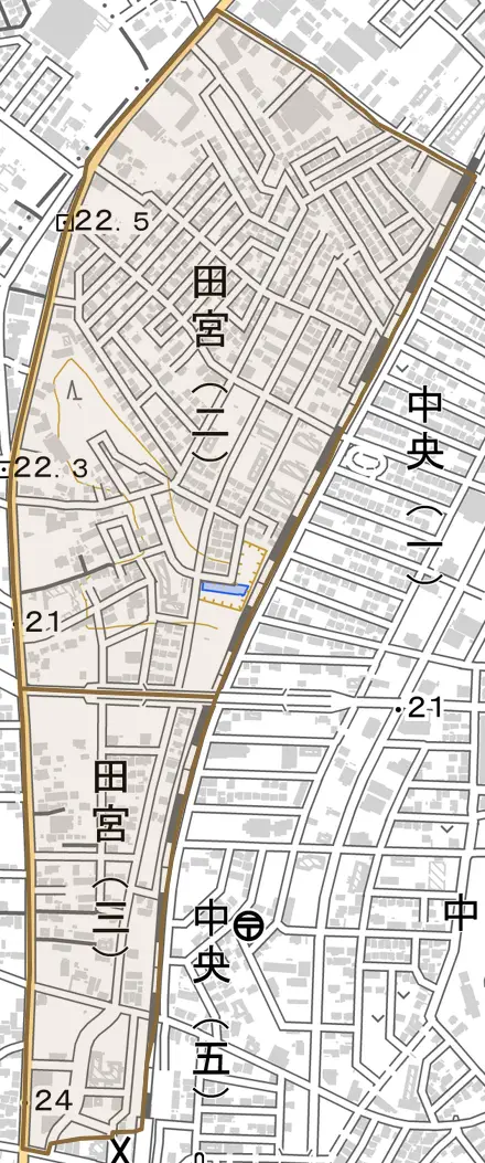 田宮とその周辺の地図。町の範囲を重ねている