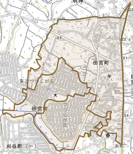 田宮町とその周辺の地図。町の範囲を重ねている