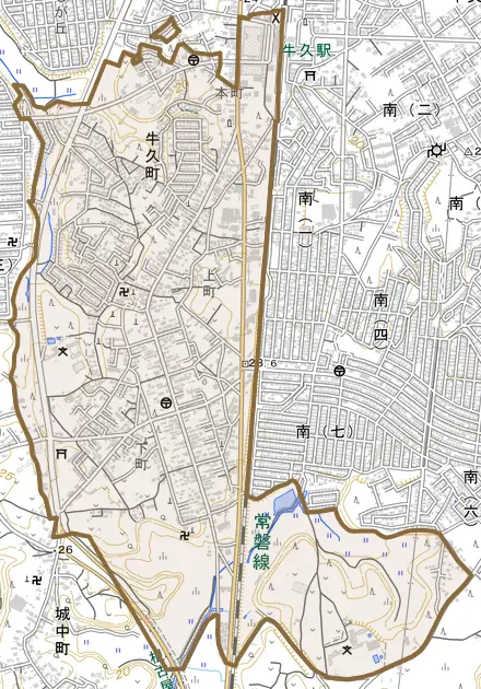 牛久町とその周辺の地図。町の範囲を重ねている