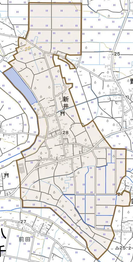 大字新井とその周辺の地図。町の範囲を重ねている