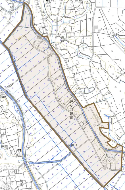 大字芦ケ谷新田とその周辺の地図。町の範囲を重ねている