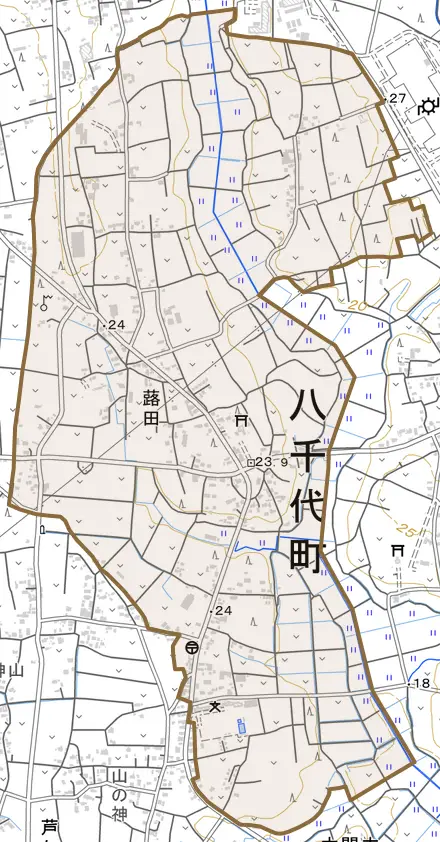 大字蕗田とその周辺の地図。町の範囲を重ねている
