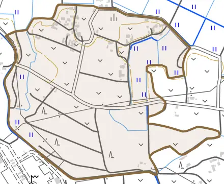 大字福岡とその周辺の地図。町の範囲を重ねている