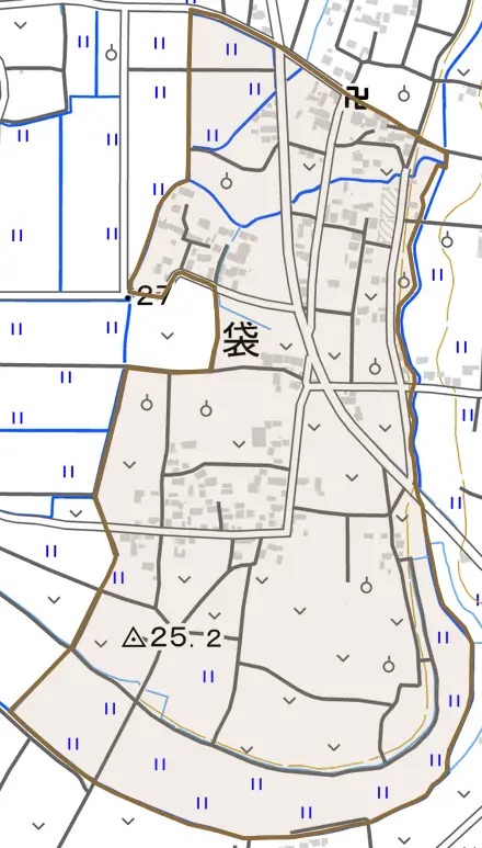 大字袋とその周辺の地図。町の範囲を重ねている