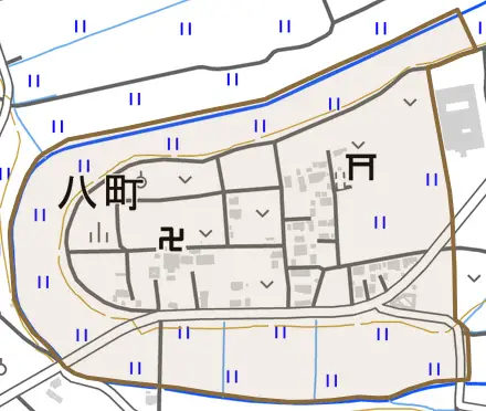 大字八町とその周辺の地図。町の範囲を重ねている
