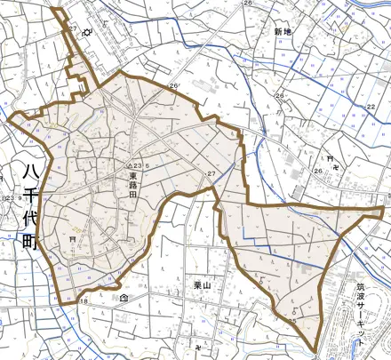 大字東蕗田とその周辺の地図。町の範囲を重ねている