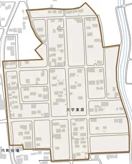 大字東原とその周辺の地図。町の範囲を重ねている