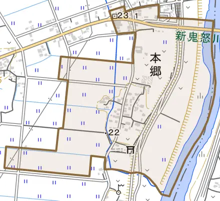 大字本郷とその周辺の地図。町の範囲を重ねている