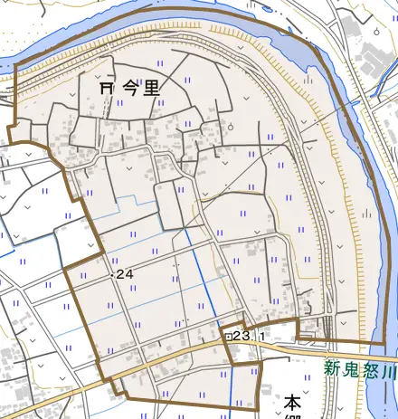 大字今里とその周辺の地図。町の範囲を重ねている