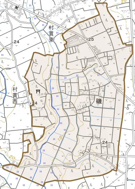大字磯とその周辺の地図。町の範囲を重ねている
