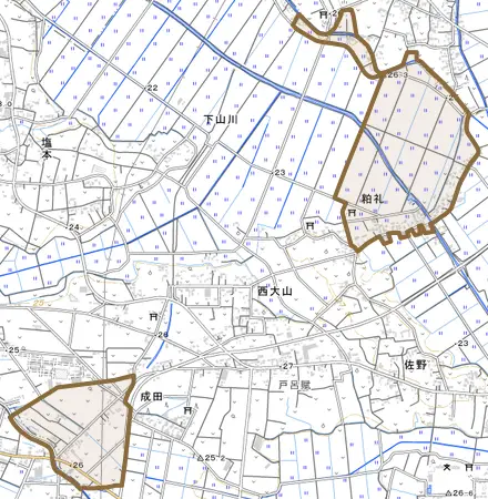 大字粕礼とその周辺の地図。町の範囲を重ねている