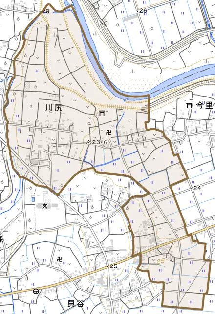 大字川尻とその周辺の地図。町の範囲を重ねている