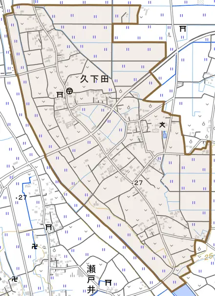 大字久下田とその周辺の地図。町の範囲を重ねている