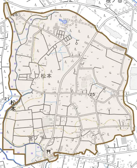 大字松本とその周辺の地図。町の範囲を重ねている