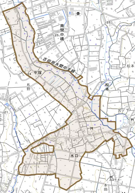 大字水口とその周辺の地図。町の範囲を重ねている