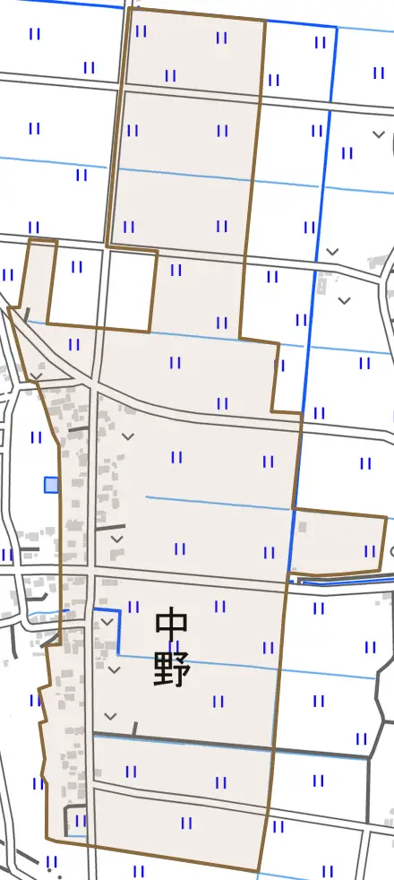 大字中野とその周辺の地図。町の範囲を重ねている