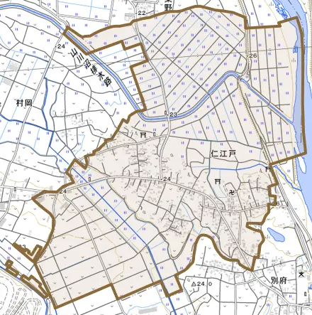 大字仁江戸とその周辺の地図。町の範囲を重ねている