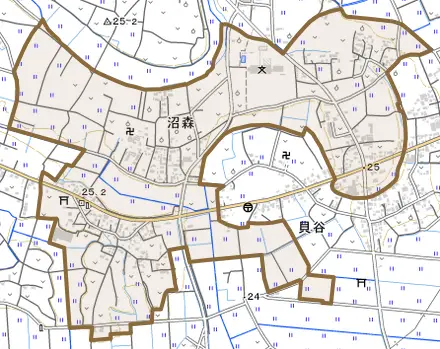大字沼森とその周辺の地図。町の範囲を重ねている