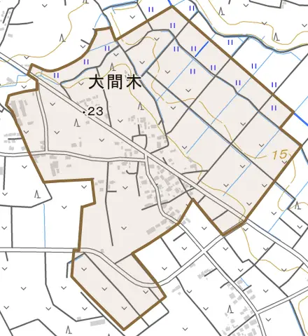 大字大間木とその周辺の地図。町の範囲を重ねている