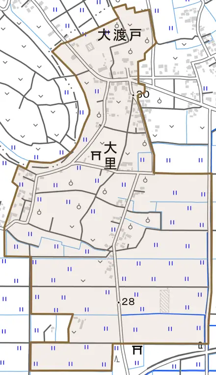 大字大里とその周辺の地図。町の範囲を重ねている
