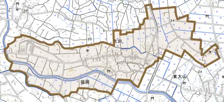 大字太田とその周辺の地図。町の範囲を重ねている
