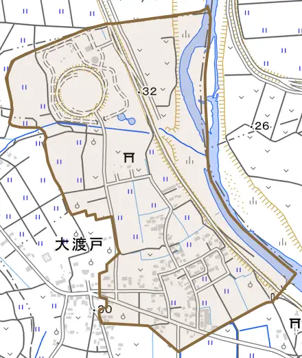 大字大渡戸とその周辺の地図。町の範囲を重ねている