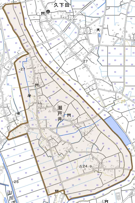大字瀬戸井とその周辺の地図。町の範囲を重ねている