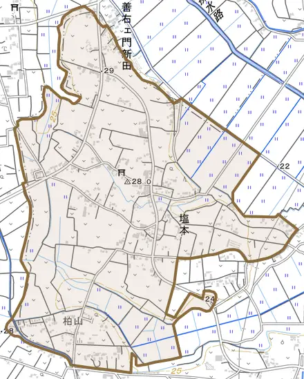 大字塩本とその周辺の地図。町の範囲を重ねている