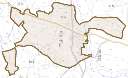 大字菅谷とその周辺の地図。町の範囲を重ねている