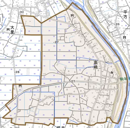 大字高崎とその周辺の地図。町の範囲を重ねている